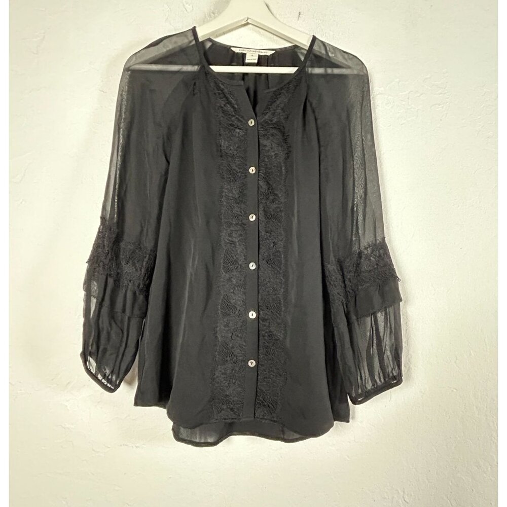 Diane Von Furstenberg Women Sheer Silk Button Up Blouse Shirt Lace Detail Size 6